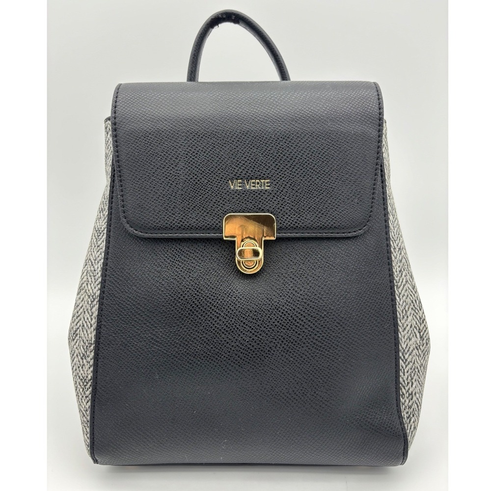 VIE VERTE Mini Backpack Black Vegan Leather Herringbone Gold Hardware Small